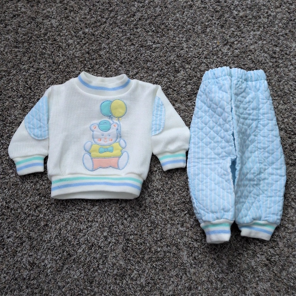 Vintage Small Steps Size 6/9M Sweater Outfit Bear W/ Balloons Pastel Colors